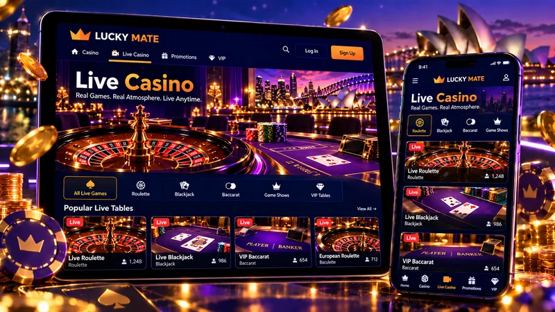 Live roulette wheel and blackjack table streamed to a tablet and a phone, with dealer silhouettes and stacks of chips