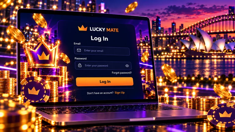 Lucky Mate login window on luckymate.co.com with email and password fields and a Restore password link