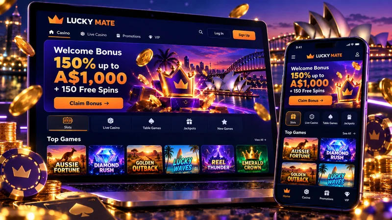 Lucky Mate first-deposit offer on a laptop and phone, which needs at least A$25 through the cashier