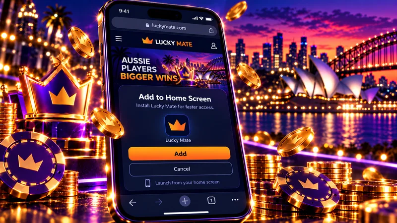 Lucky Mate opened in a phone browser at luckymate.co.com with a home-screen shortcut for quick login