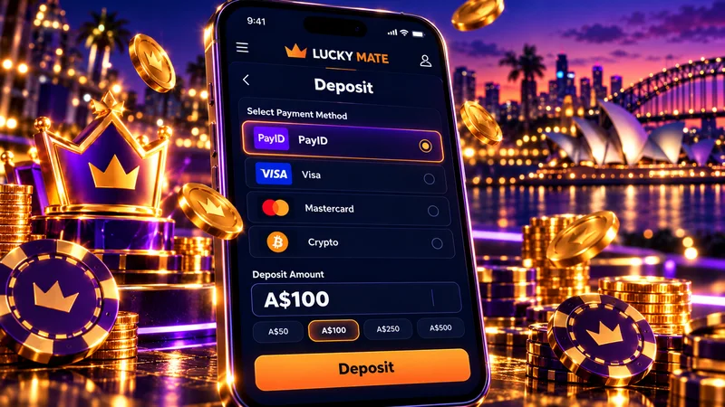 Lucky Mate cashier on a phone with PayID selected and a A$100 deposit entered