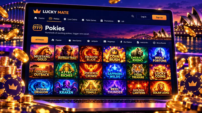 Lucky Mate pokies lobby with Mustang Gold at the front of the row, the game that takes the 150 first-deposit spins