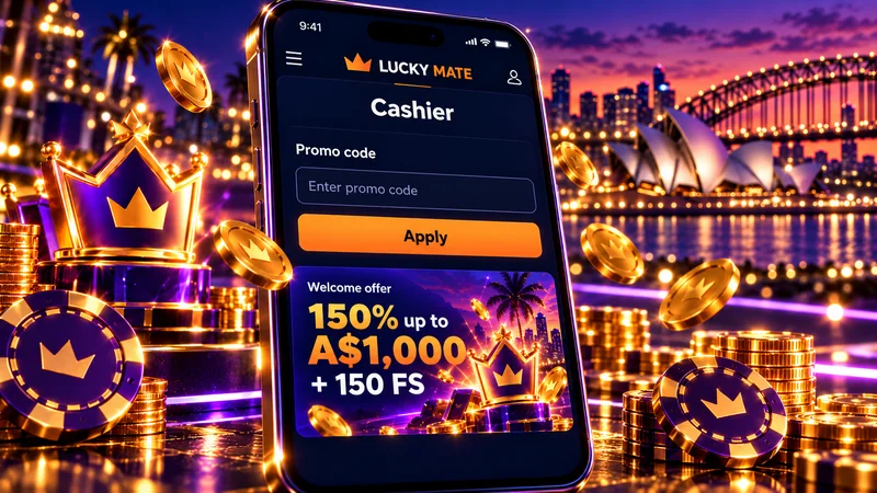 Empty promo code box with an Apply button in the Lucky Mate deposit screen, next to the note about codes sent by email