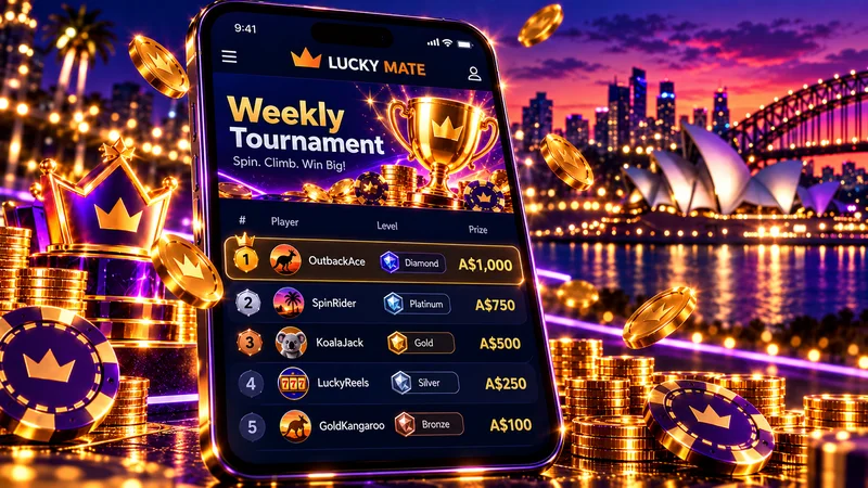 Tournament leaderboard with A$ prize rows, a gold trophy and loyalty level badges in violet and orange