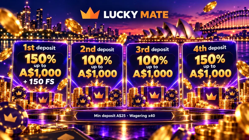 Four Lucky Mate welcome bonus cards: 150%, 100%, 100% and 150% deposit matches, each up to A$1,000 with x40 wagering